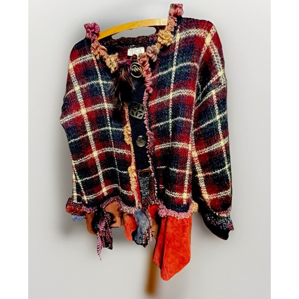 Vintage BECCA New York Mixed Media Plaid Cardigan Sweater Boho Art Wear M